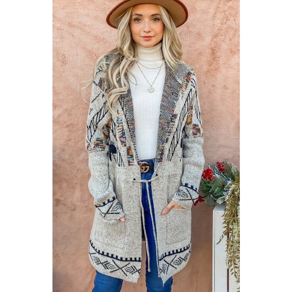Aztec print hoodie cardigan sweater with waist drawstring. - Picture 3 of 7